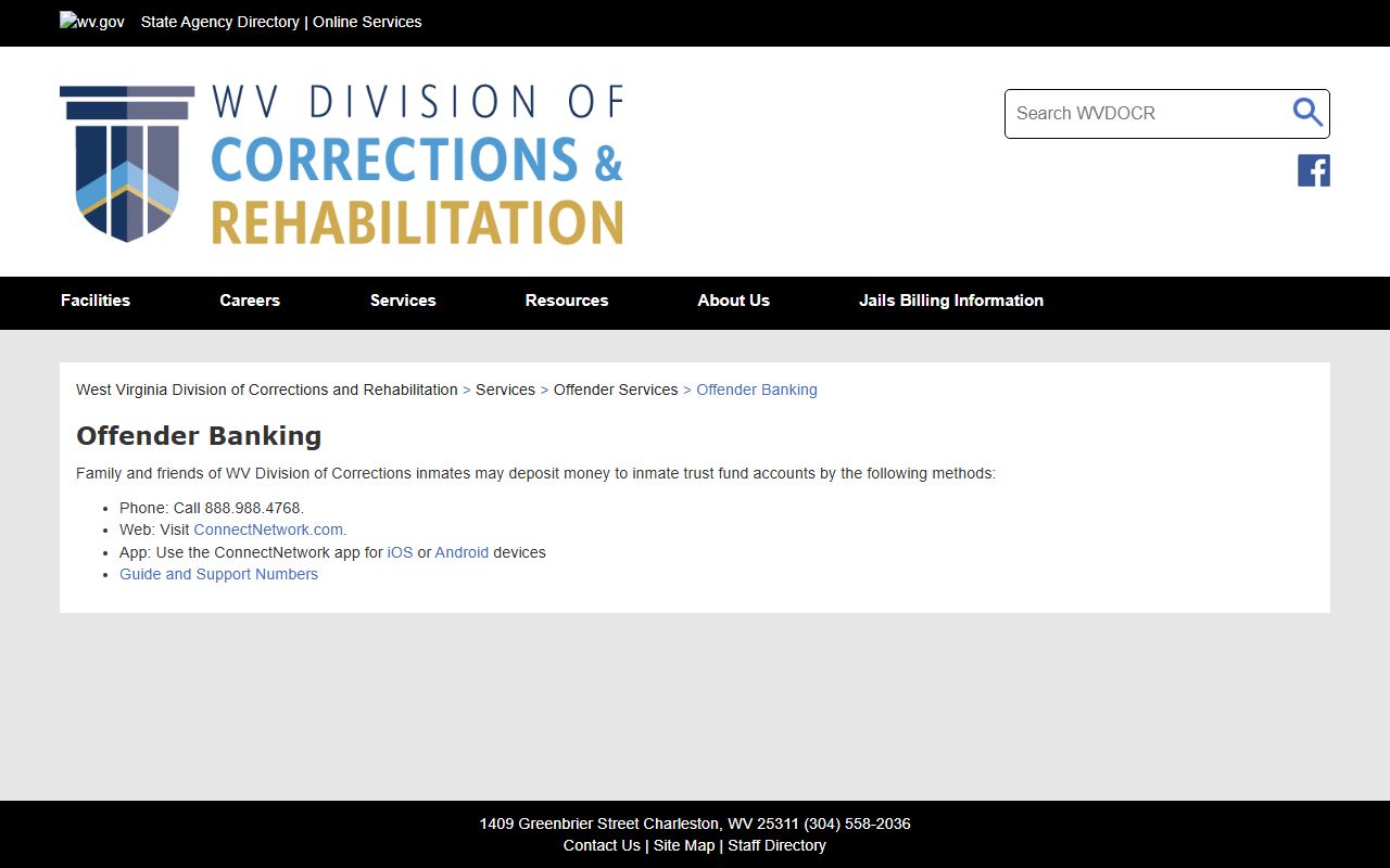 WVDCR offender banking page
